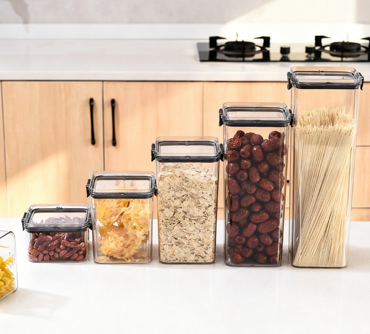 Black  White   Food Grade Clear Plastic Airtight Storage Containers, Square Thickened Jars With Lids For Grains, Cereal & Dry Food