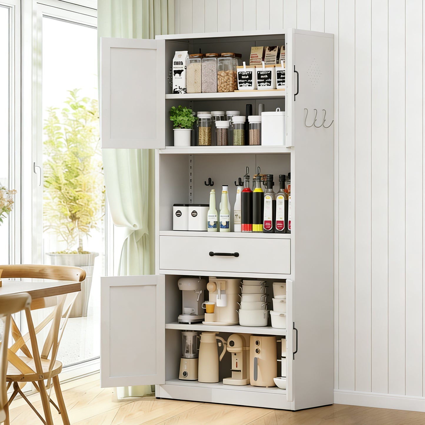71  High White Steel Kitchen Pantry Storage Cabinet With Large Countertop, Adjustable Shelves, Drawers And Hooks, Heavy-duty Modern Style Cabinet
