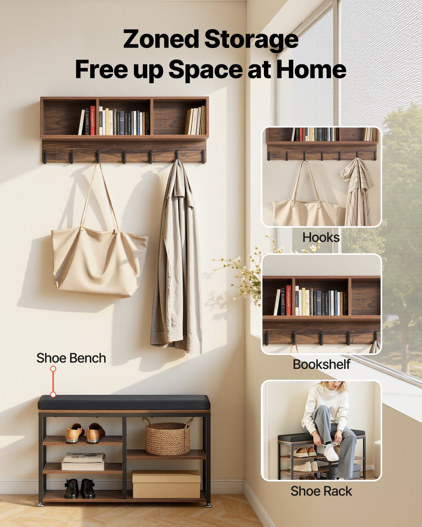 Coat Rack With Shoe Bench, 3-in-1 Shoe Coat Rack Combo Set With Hooks And Bookshelf, Steel Frame Hall Tree Entrance Storage Organizer Holder For Entry, Bedroom, Closet, Office, Rustic Brown