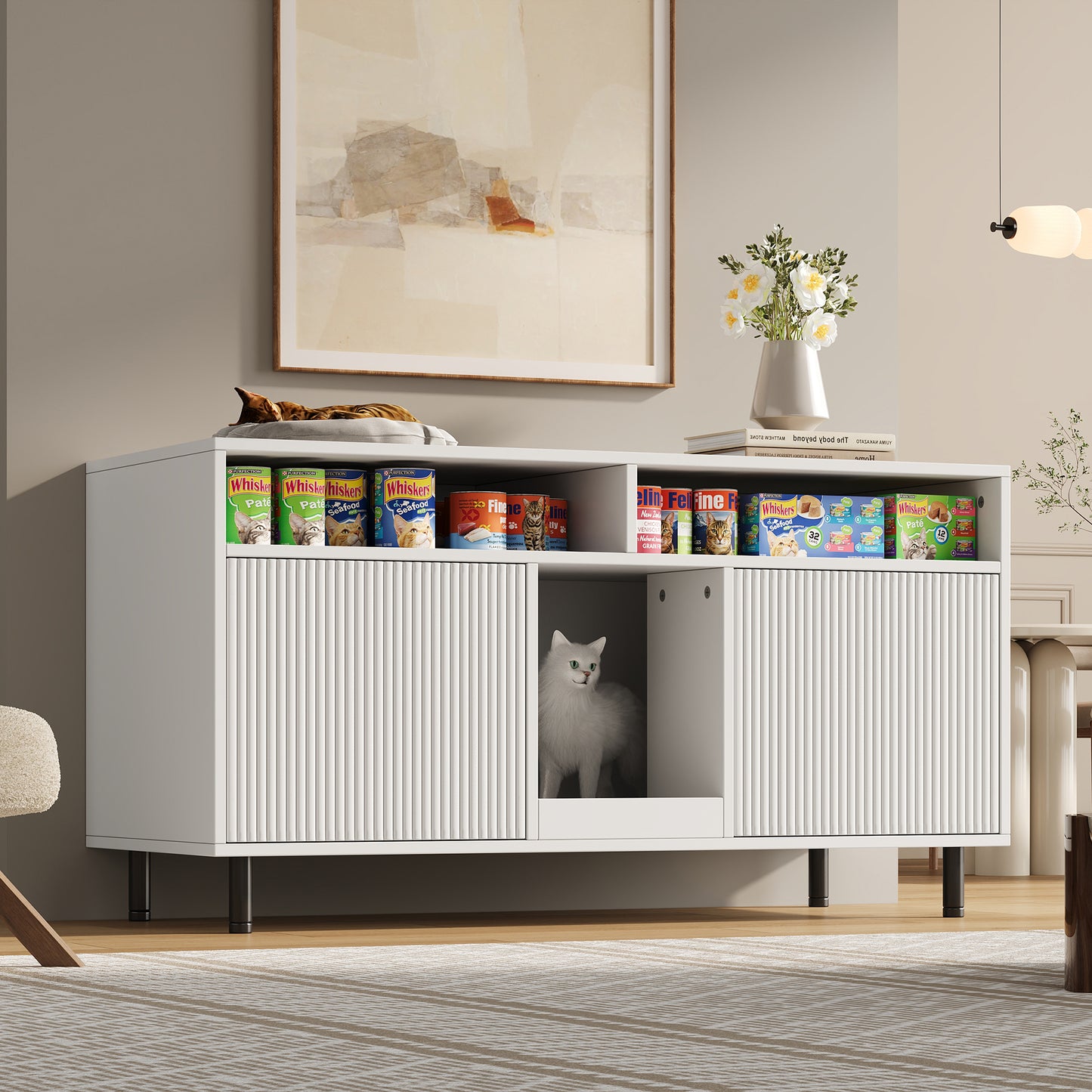 Cat Litter Cabinet Cat Litter Cabinet With Sand Collecting Mat, Pet Cabinet With Shelf, Pet Sideboard TV Cabinet, Without Cat Litter Tray, 120x50x66cm, White