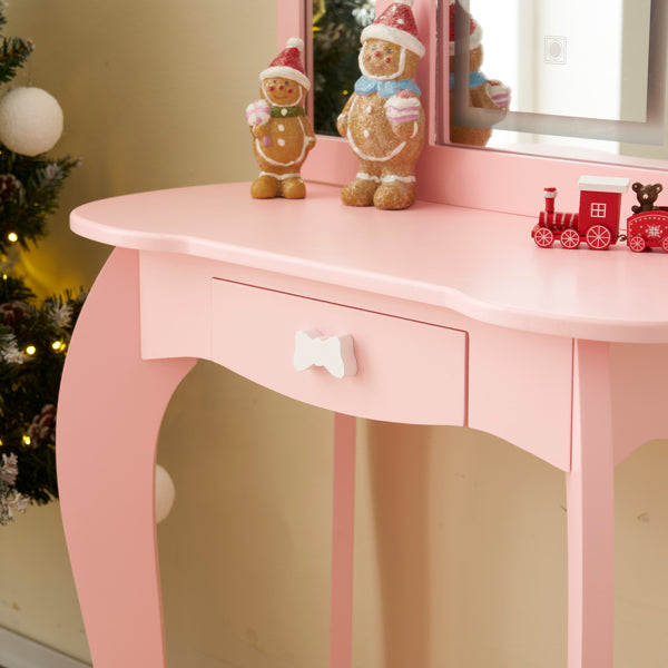 Kids Vanity Table And Chair Set, 2-in-1 Girls Vanity With Tri-Folding Mirror & 3-Color LED Lights, 1 Drawer, Pretend Play Makeup Dressing Princess Table For Toddlers, Pink