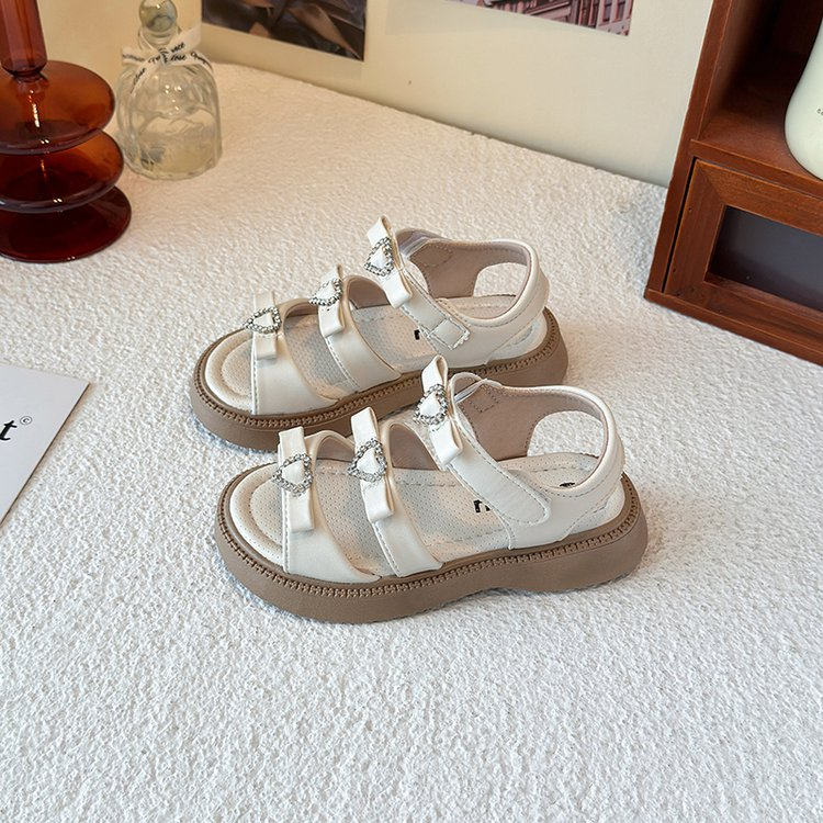 2025 Summer New Girls' Heart Rhinestone Sandals, Korean Style Princess Shoes With Bow, Kids Roman Sandals
