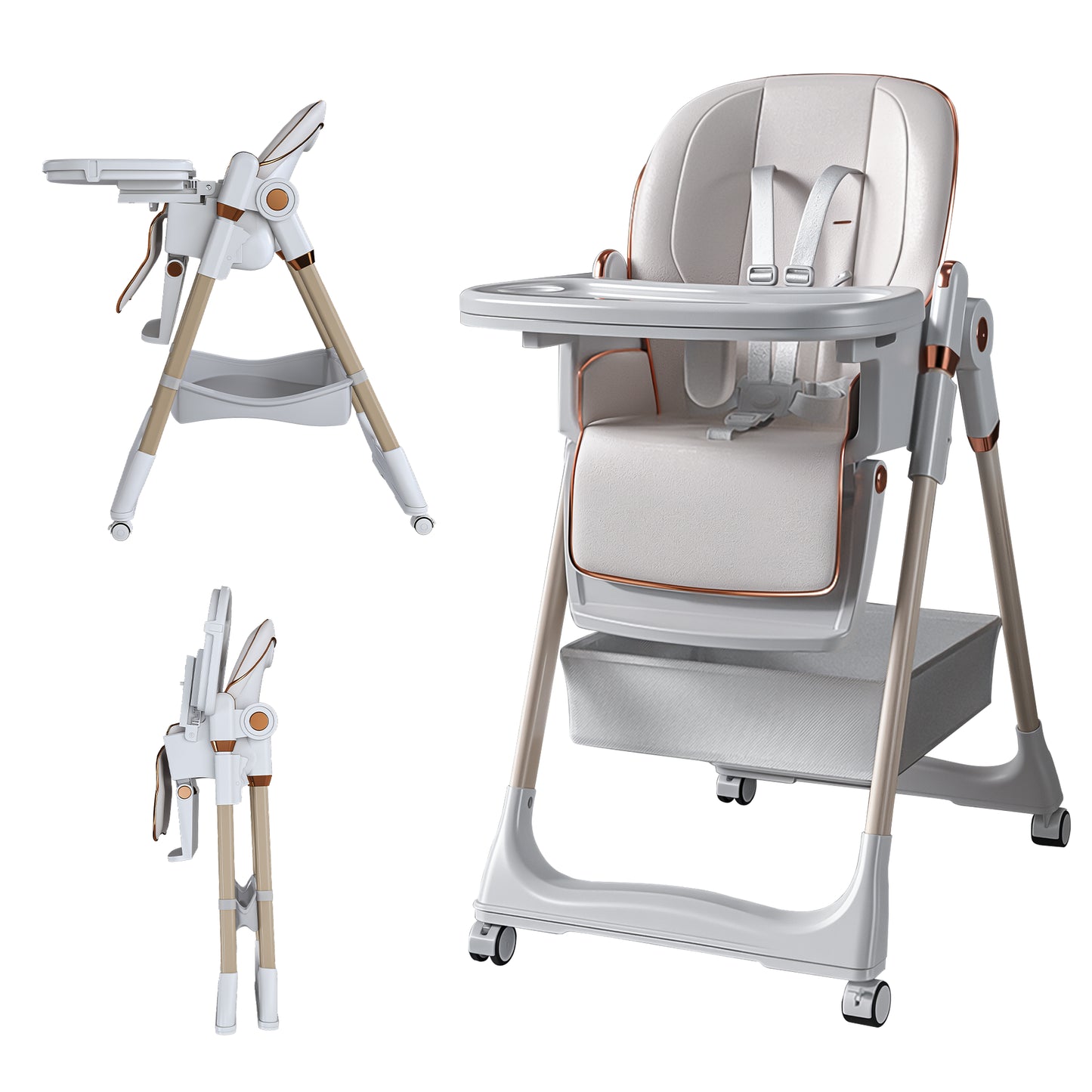 Adjustable Baby High Chair 0-6 Years  Portable Infant Feeding Seat With Safety Belt, Silent Lockable Wheels & Easy-Clean Design For Home, Dining, Living Room, Bedroom  White
