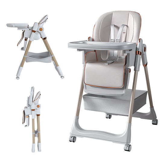 Adjustable Baby High Chair 0-6 Years  Portable Infant Feeding Seat With Safety Belt, Silent Lockable Wheels & Easy-Clean Design For Home, Dining, Living Room, Bedroom  White