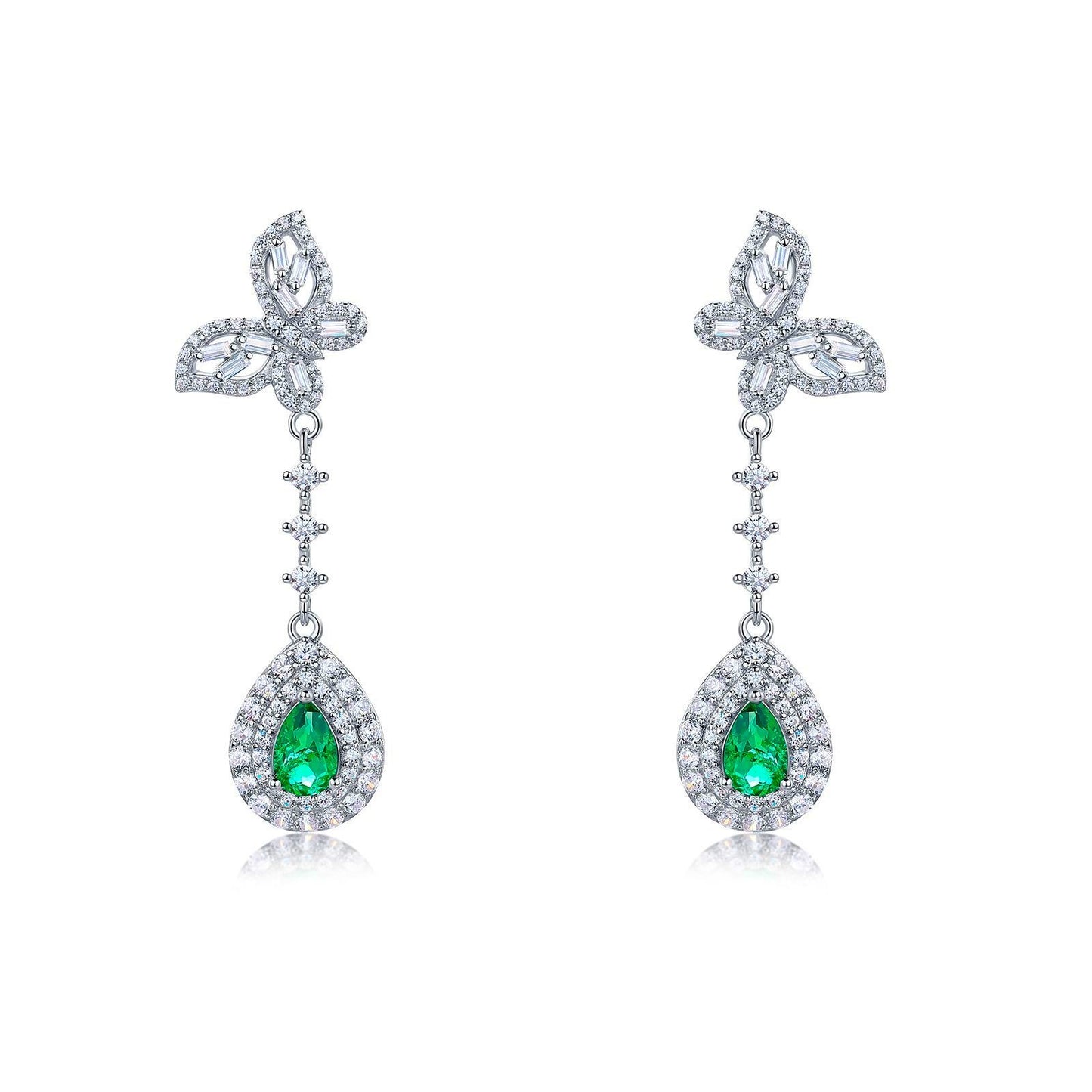 S925 Sterling Silver Bowknot Dangle Earrings, 6x4mm Pear Lab-Grown Ruby Sapphire Emerald, Platinum Plated 4.5g Women's Jewelry Gift Box
