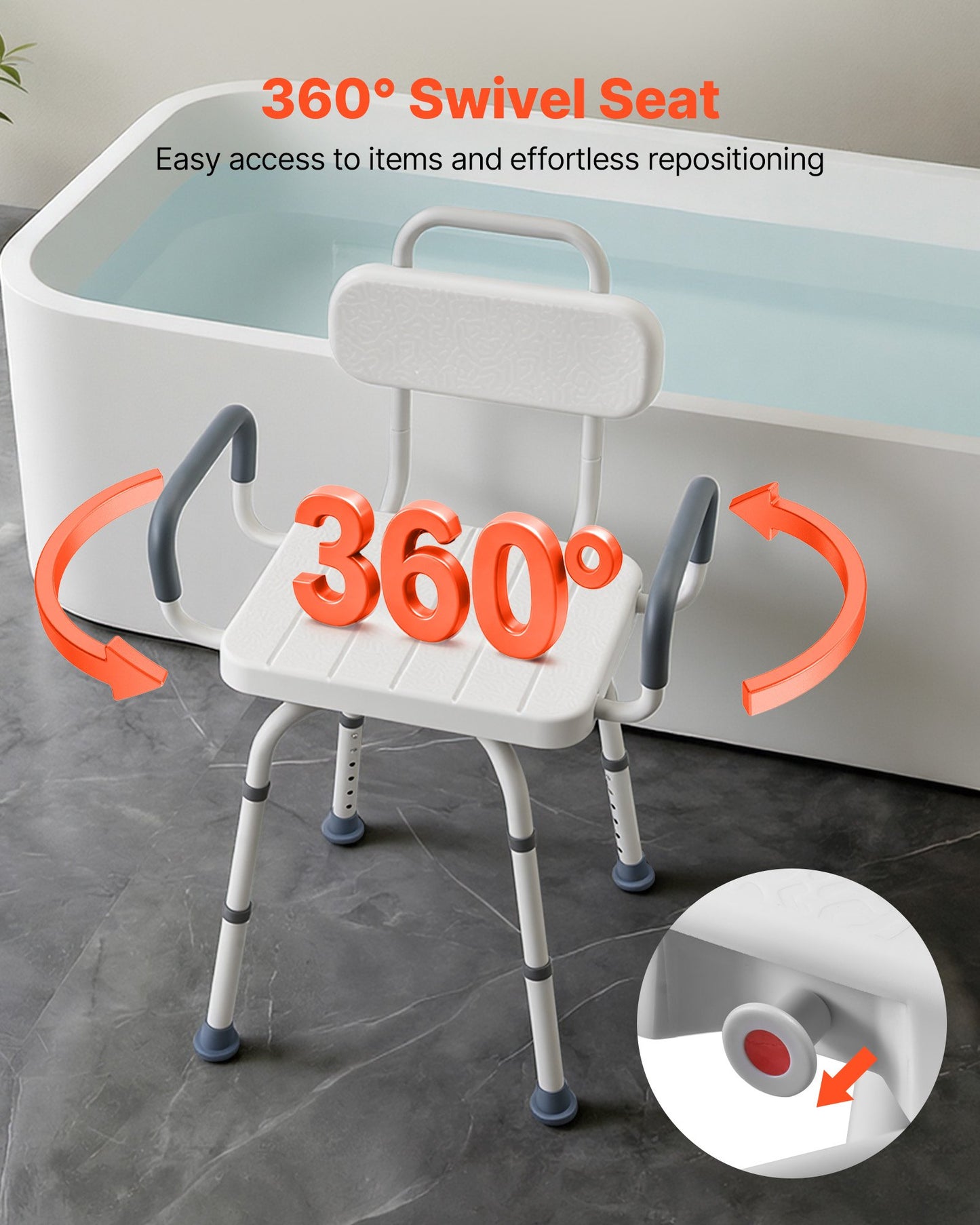 Swivel Shower Chair With Arms And Back, 400 Lbs Heavy Duty Bench Seat For Inside Shower Stall And Bathtub, Height Adjustable Bathroom Bath Tub Seat For Adults, Seniors, Elderly And Disabled
