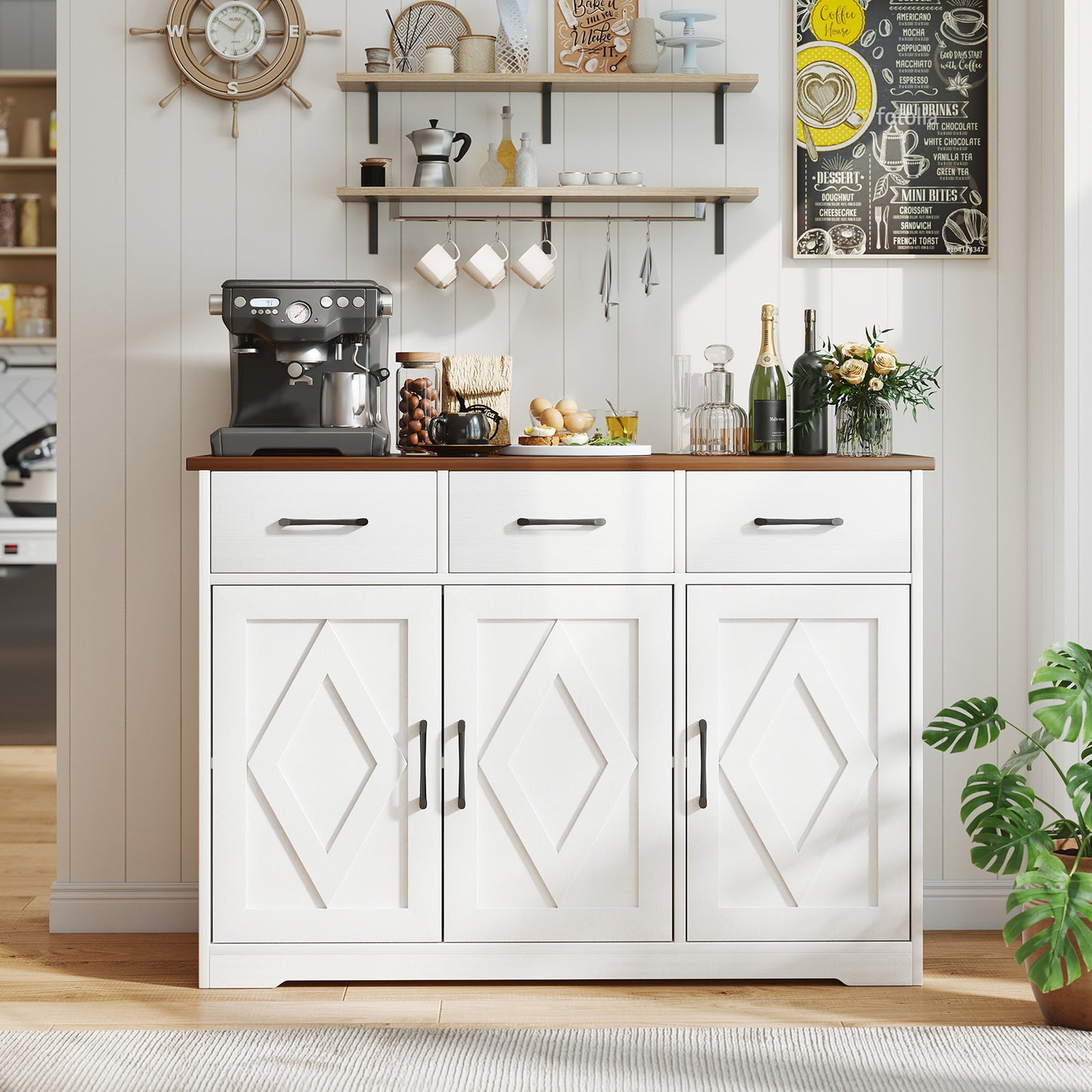 Modern Farmhouse Sideboard Large Capacity Multifunctional Buffet Storage Cabinet For Kitchen Living Room