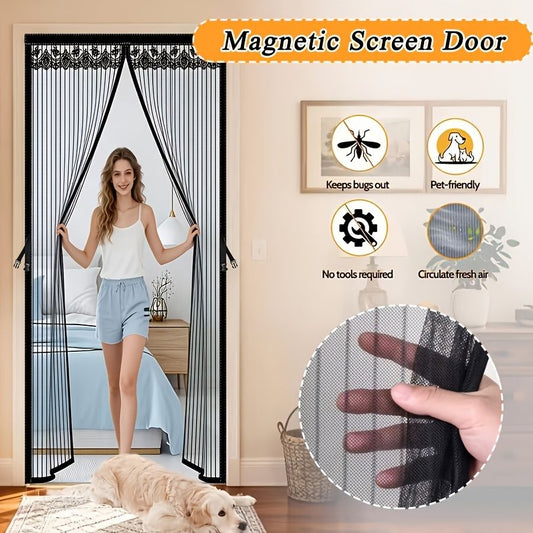 1pc Magnetic Screen Door, Mosquito And Fly Proof Door Curtain, Easy To Install, Top Lace Design & Storage, Pet Friendly, Suitable For Living Room, Bedroom, Balcony, Front Door, Garage, Partition, Priv