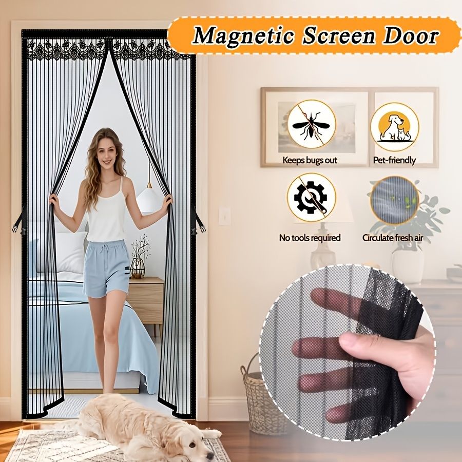 1pc Magnetic Screen Door, Mosquito And Fly Proof Door Curtain, Easy To Install, Top Lace Design & Storage, Pet Friendly, Suitable For Living Room, Bedroom, Balcony, Front Door, Garage, Partition, Priv