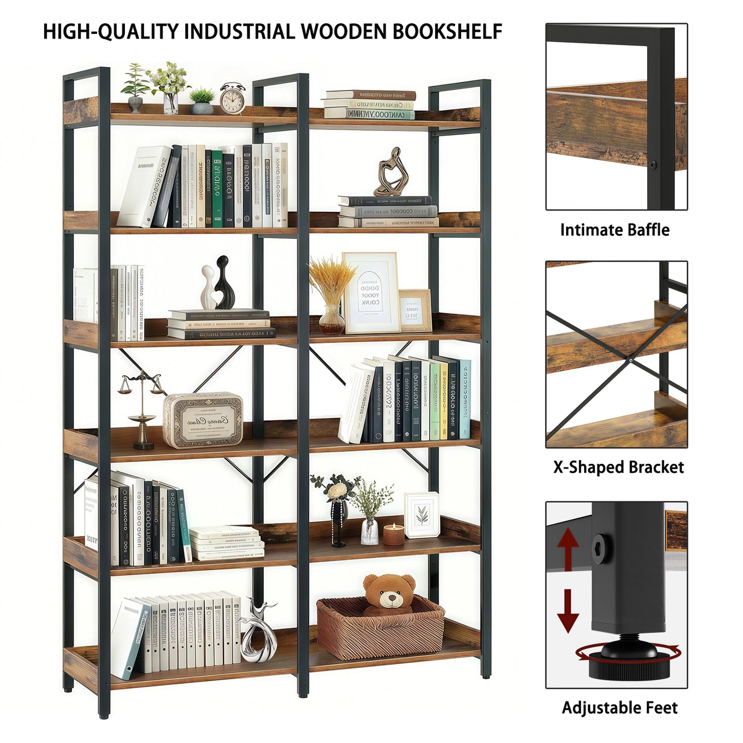 6-Tier Industrial Bookshelf, 67  Wooden Bookshelf With Open Shelves, Freestanding Metal Frame Bookcase For Storage And Display, Modern Book Shelves For Bedroom, Living Room And Home Office, Brown