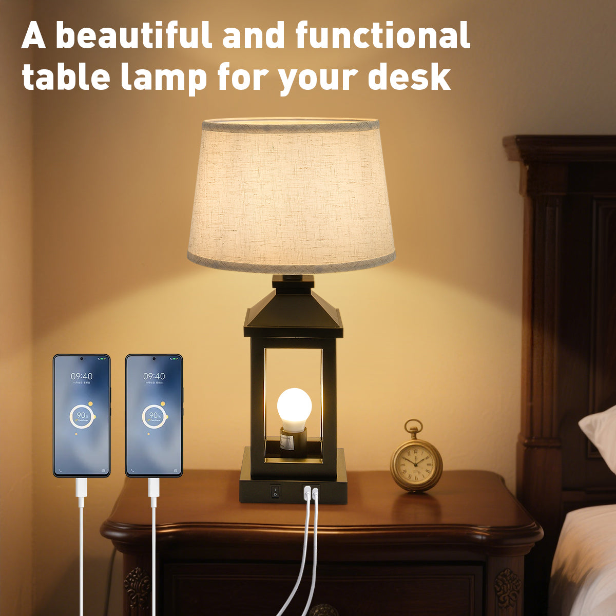20.5in Black Farmhouse Bedside Table Lamp For Living Room, 3-Way Dimmable Touch Control Modern Nightstand Lamp With 2 Light For Bedroom, Home, Office Bulbs Included