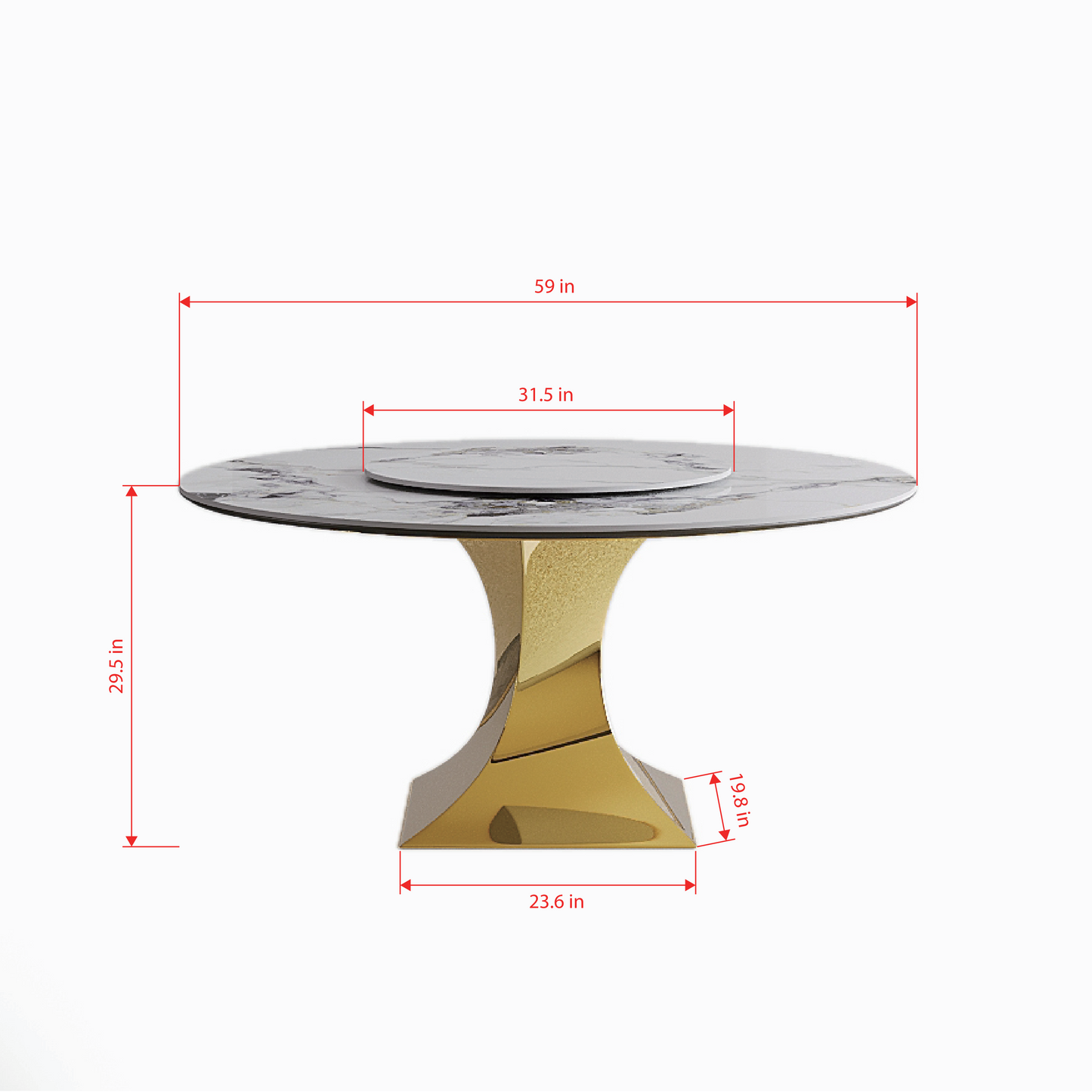 59 Round Sintered Stone Dining Table Set With Gold Stainless Steel Hourglass Base  - Modern Luxury Marble-Look Kitchen Table For 4-6 People  Scratch & Heat Resistant Surface-Only Table