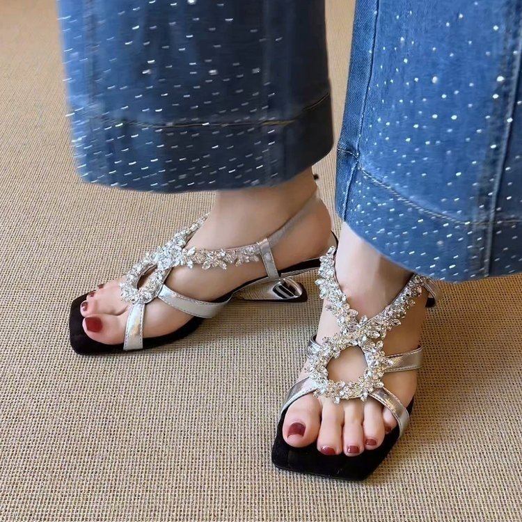 Stunning Rhinestone Cross Ankle Strap Fashion Elegant Square Toe Comfy Irregular Wedge Open-toe Sandals