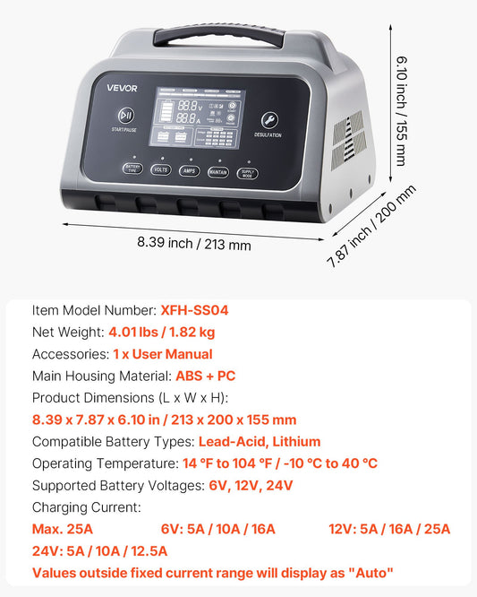 Smart Battery Charger, 25A, 6V 12V 24V Lithium LiFePO4 Lead-Acid (Gel/AGM) Car Battery Charger, With LCD Display, Trickle Charging Maintainer Desulfator, For Car, Boat, Motorcycle, Lawn Mowers