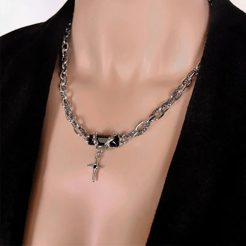 1pcs Mixed Link Chain Black Rectangle Stone Star Cross Pendant Necklace, Dark Cool Aesthetic Style, For Men Women Daily Party Wear & Couple Valentine Gifts