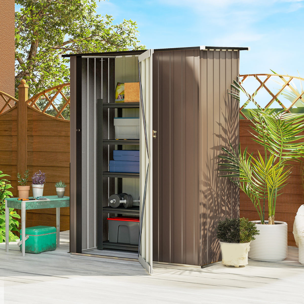5ft X 3ft Garden Storage Shed, Outdoor Metal Shed With Sloped Roof, Lockable Door For Tools, Equipment, Brown