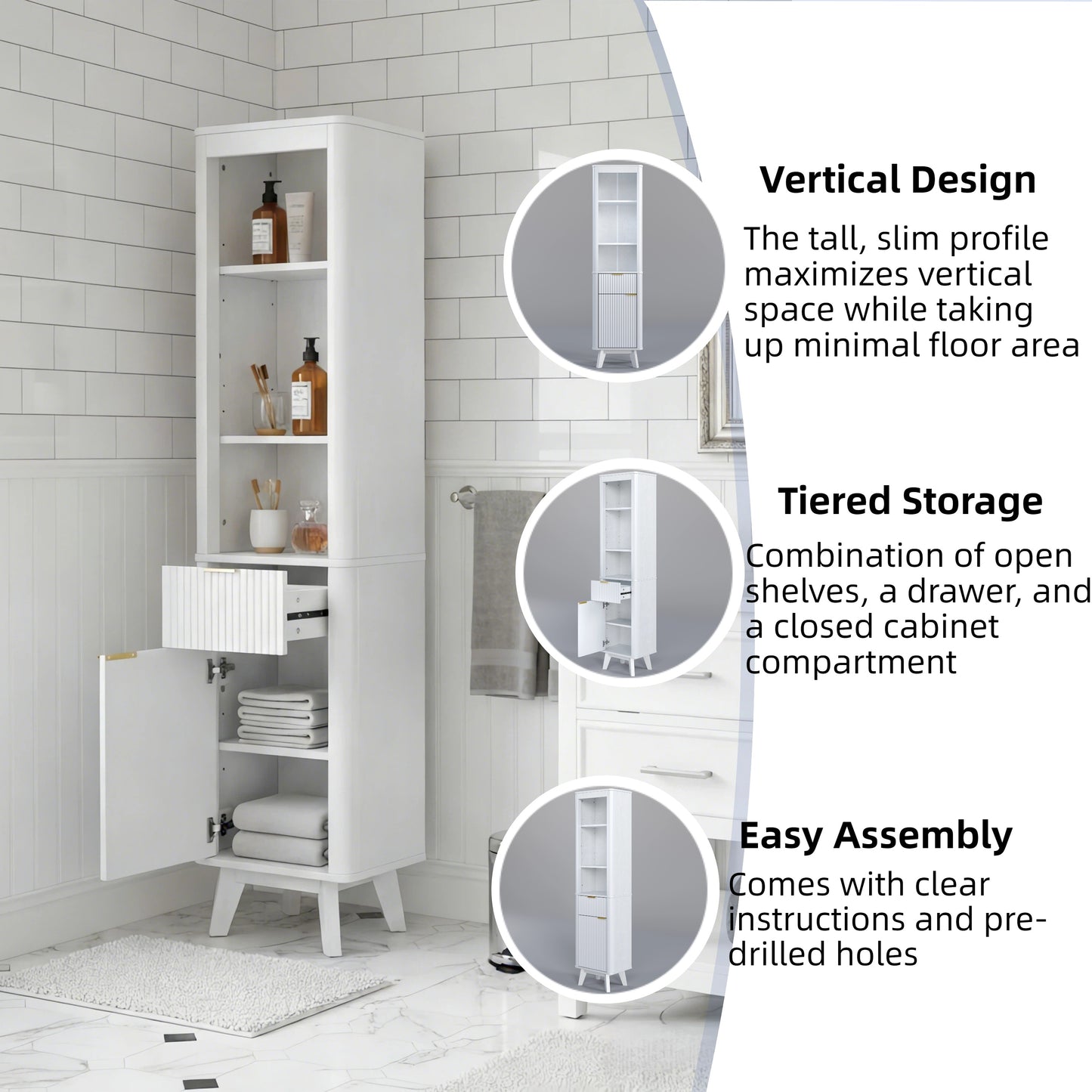 68  H Tall Bathroom Storage Cabinet With  Adjustable Shelves And One Drawer & Door, Storage Cabinet For Bathroom, Living Room, Entryway & Kitchen, White