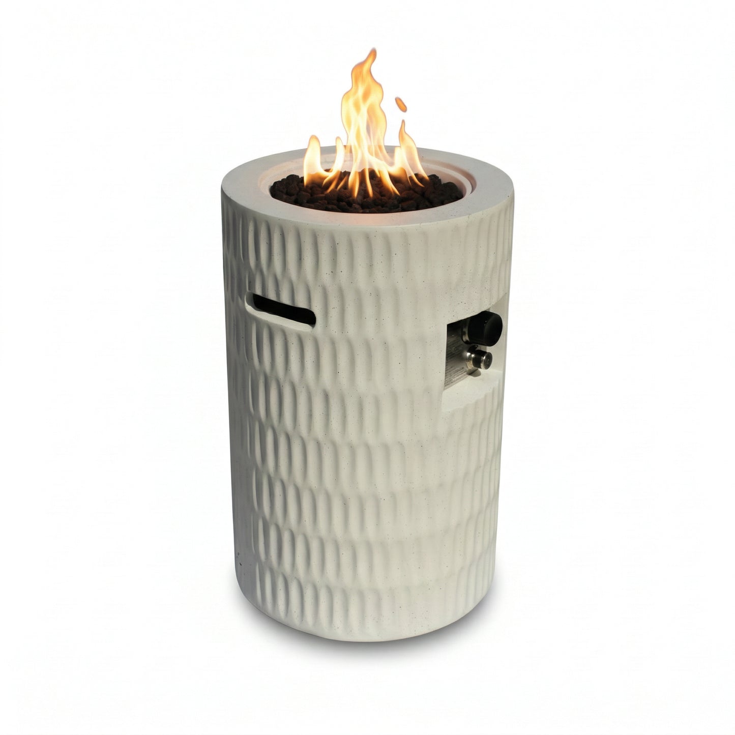 26   Propane Fire Pit, Outdoor Gas Patio Fire Pit 40,000 BTU, Cylindrical Concrete Fire Pit With Hidden 20lb Tank Storage, Modern Textured Fire Column, Includes Lava Rocks & Waterproof Cover -Beige