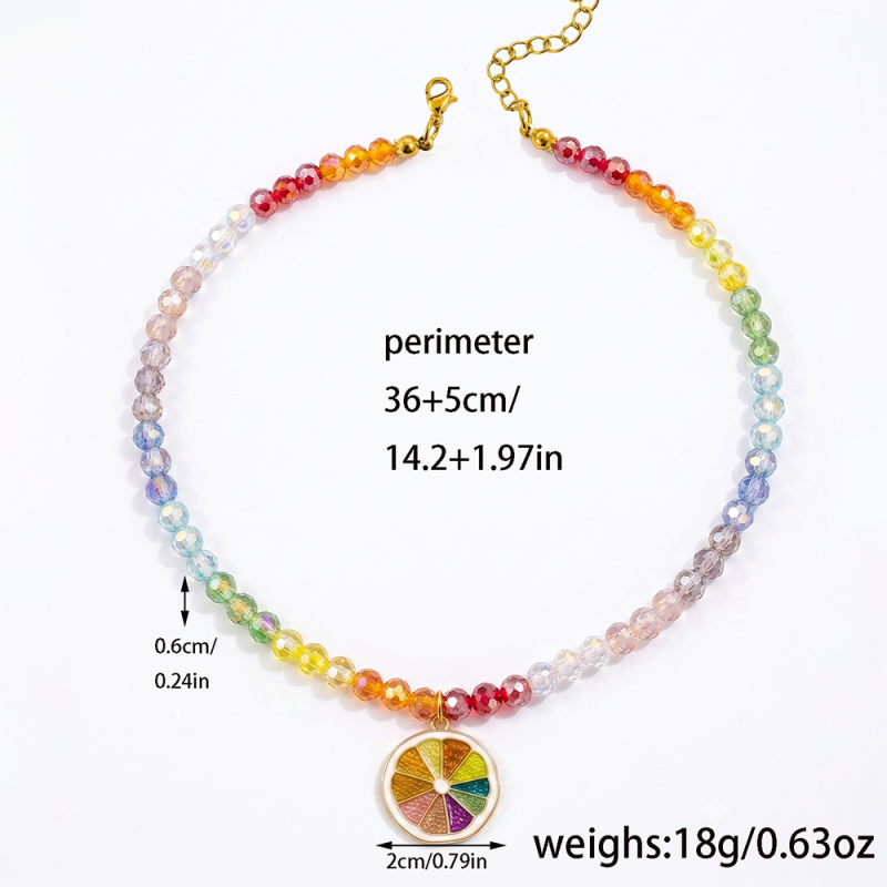 Rainbow Glass Bead Fruit Choker Necklace For Women, Stainless Steel Chain With Cute Citrus Lemon Slice Pendant, Colorful Summer Jewelry Gift