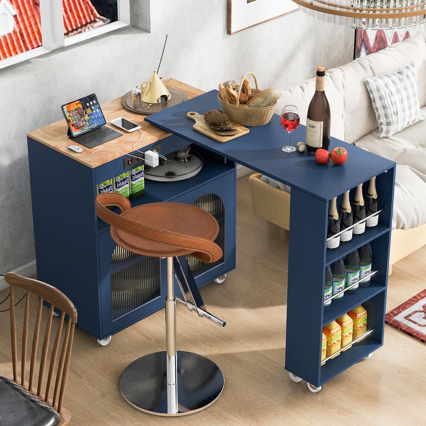 K&K Rolling Kitchen Island With Extended Table, Kitchen Island On Wheels With LED Lights,Power Outlets And 2 Fluted Glass Doors, Kitchen Island With A Storage Compartment And Side 3 Open Shelves, Navy