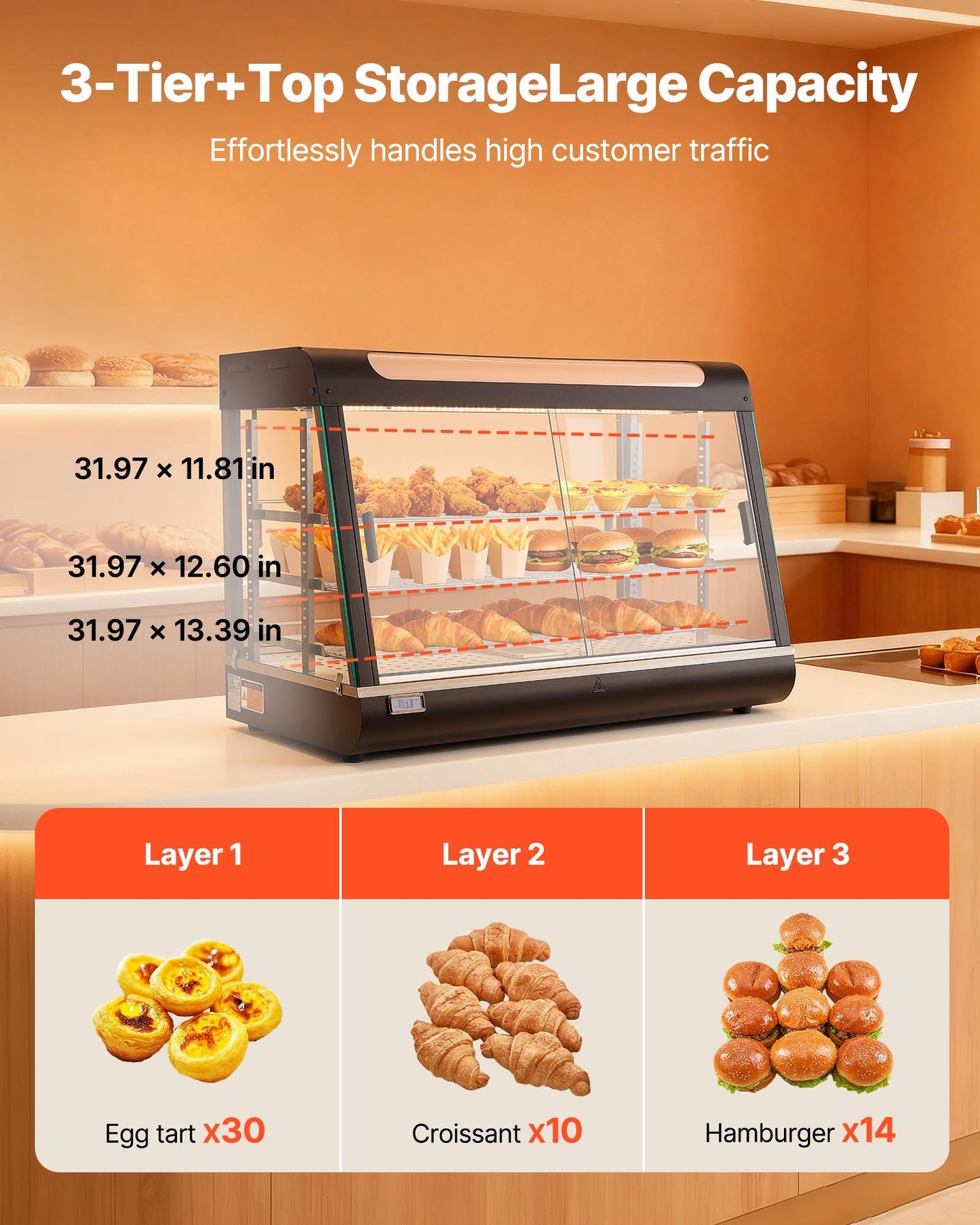 3-Tier Commercial Food Warmer Display, 1400W Food Display Warmer With LED Light, Top Storage And Adjustable Shelves, 86℉~185℉ Steam Heating, 137Qt/130L For Hamburger, Pizza, Bread, Fried Chicken