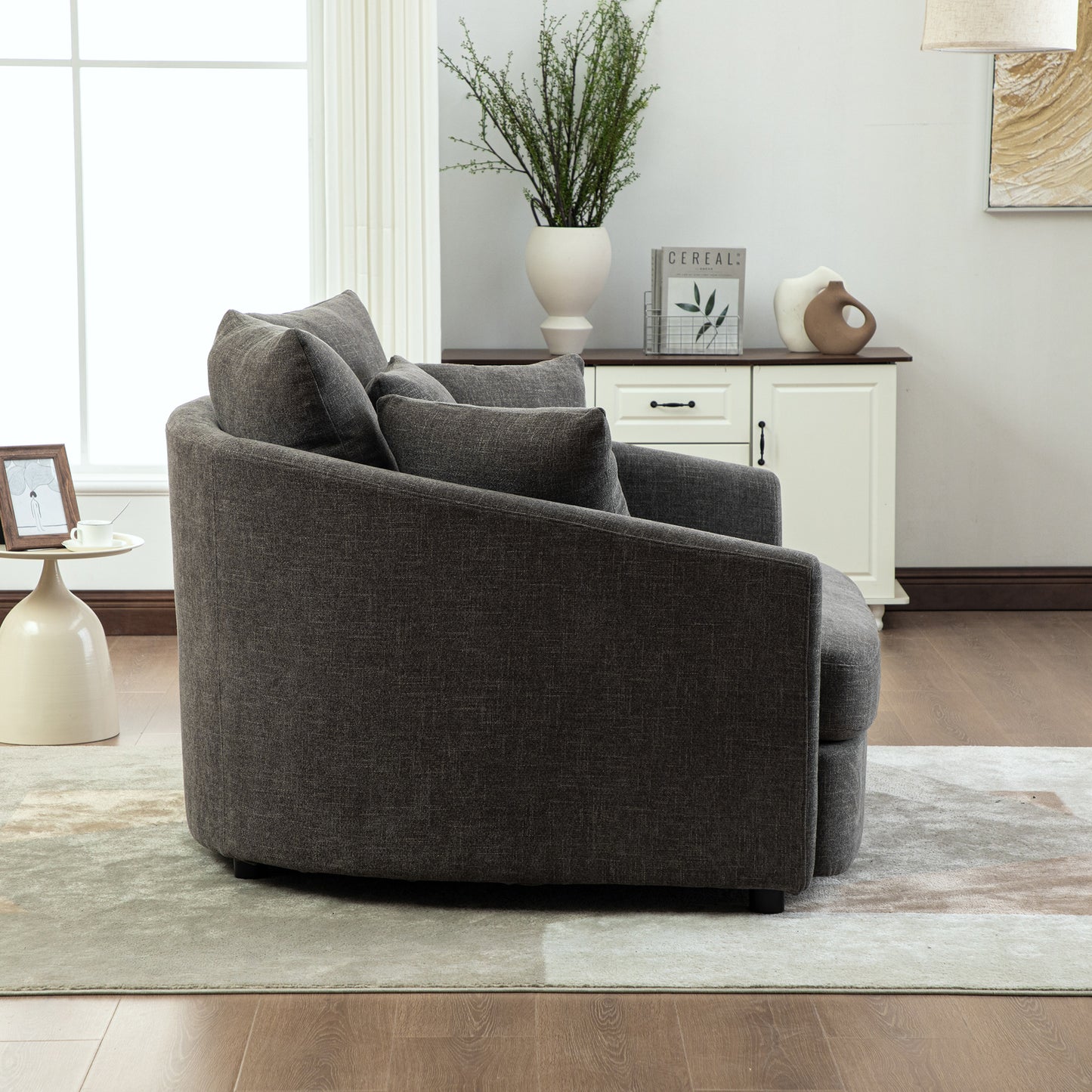 56.3  Wide Upholstered Round Accent Cuddle Chaise With Pillows, Cozy Oversized Slipcovered Barrel Lounger Chair With Deep Seat Reading Armchair For Club, Living Room, Bedroom, Office, Lounge, Gray