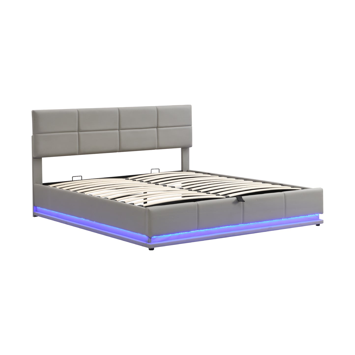 Upholstered Bed 180x200 Cm With LED Lighting & Hydraulically Liftable Bed Storage Space, Bed Base & Slatted Frame Cover Made Of  Leather Double Bed  Youth Bed Light Grey
