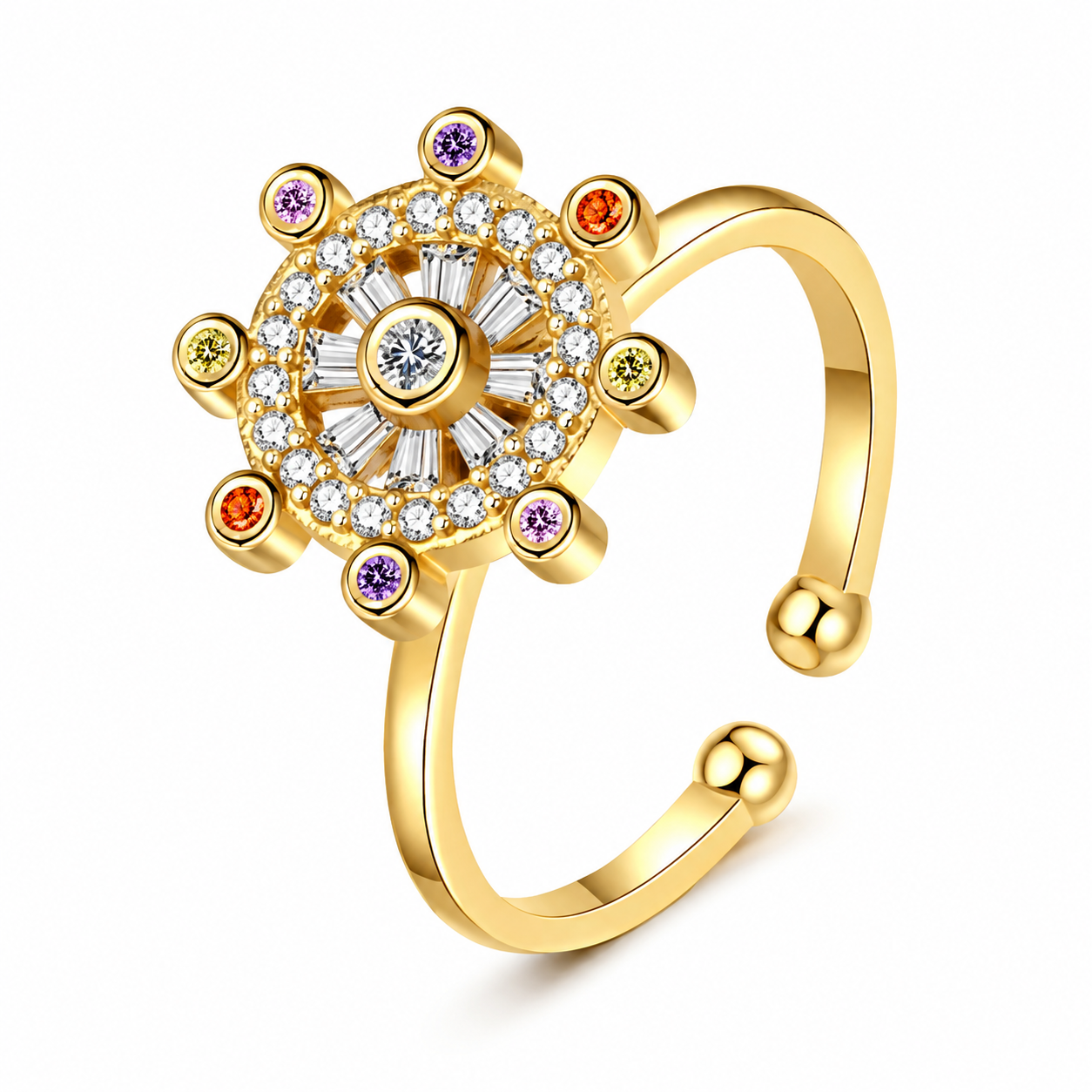 Rotatable Ferris Wheel Multicolor CZ Open Adjustable Ring For Women, Copper Gold Plated Spinning Rainbow Crystal Anxiety Relief Statement Party Jewelry Gift