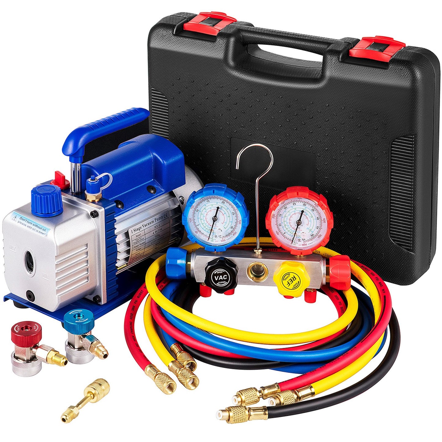 Suction Pump 4.8CFM 1/4 HP Single Stage For HVAC A/C Cooling Systems, 5PA Ultimate Vacuum, Manifold Gauge Kit R410A R134A R22, Includes 4-Way Gauge & Hose