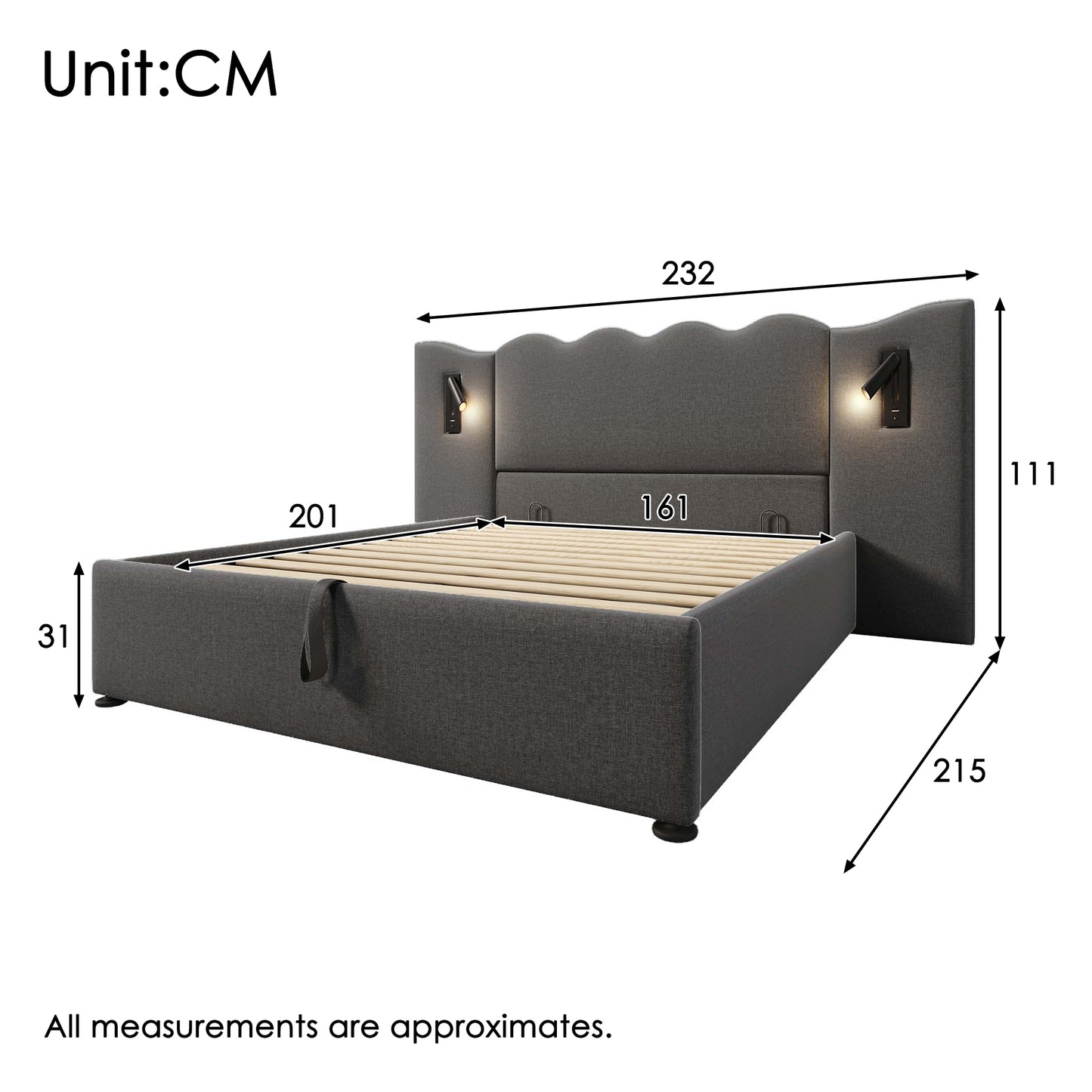 Upholstered Bed Double Bed 160x200 With Reading Lamp And USB Type-C Charging Function, Storage Bed Frame With Slatted Frame Made Of Solid Wood And Metal, Grey, Linen  Without Mattress