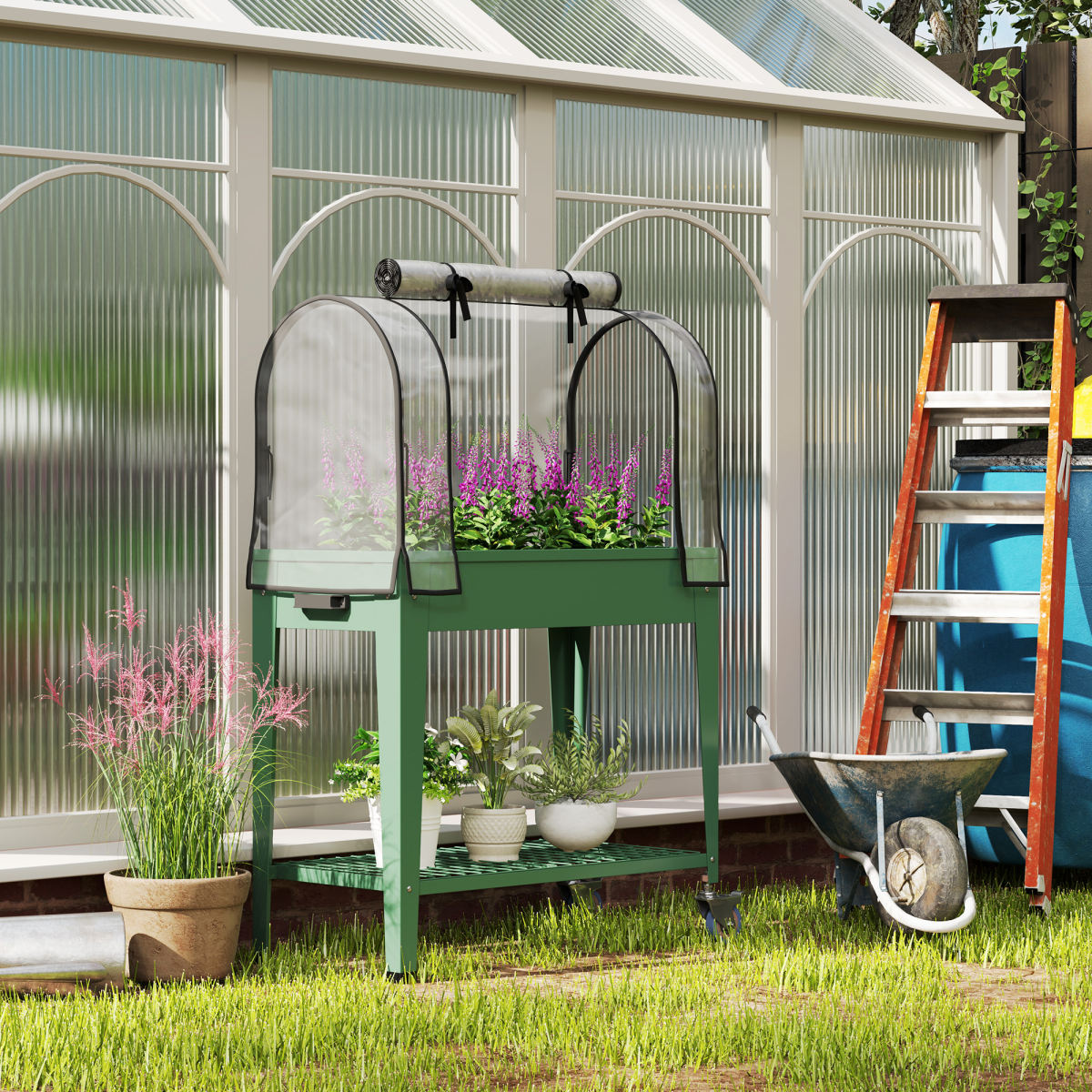Raised Planter With Greenhouse Cover, Mobile Elevated Garden Bed With Wheels And Bottom Shelf For Vegetables, Green