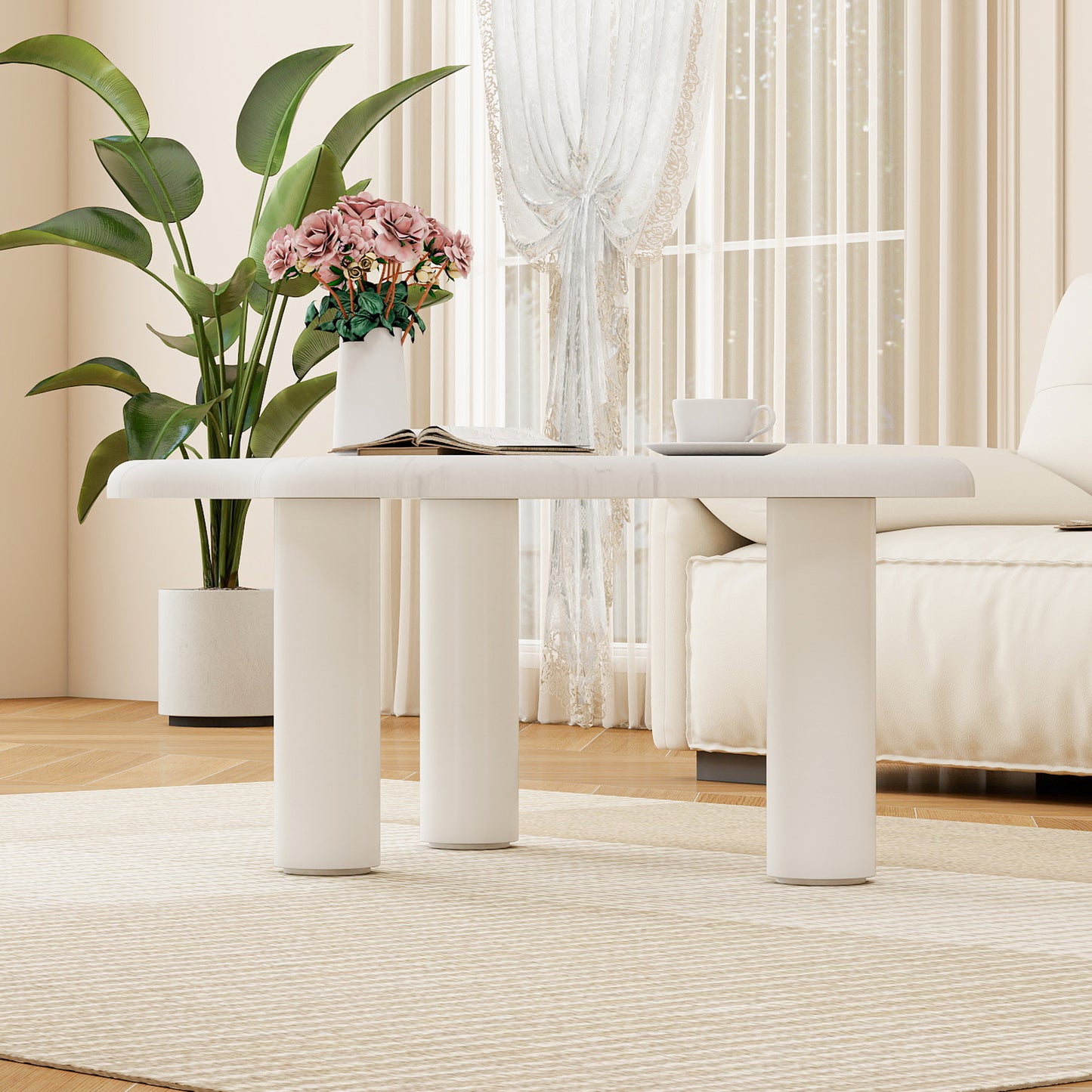 Cloud-shaped Coffee Table In Marble Look, Modern Living Room Table With Rounded Edges, Stable Solid Wood Legs, Easy-care Surface, Ideal For Living Room & Lounge