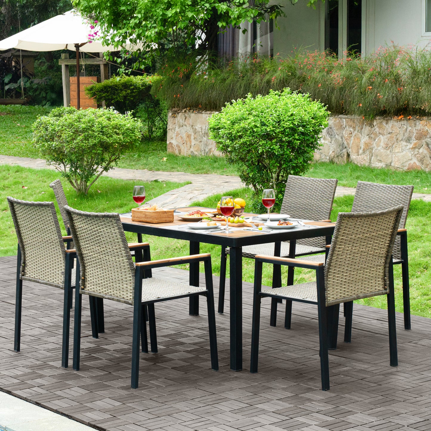 All Weather 7-Piece Patio Dining Table Sets, Patio Conversation Set Acacia Wood Table Top With Umbrella Hole, Rattan Outdoor, Brown Gray Color