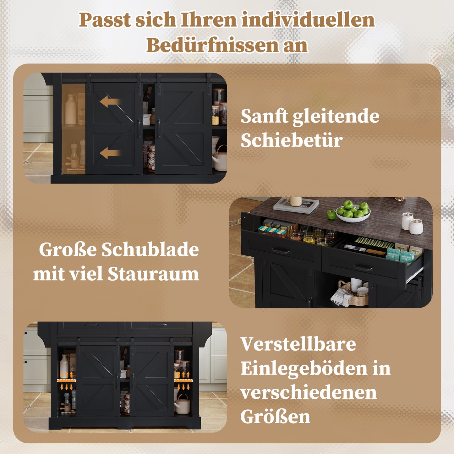 Kitchen Island With Folding Worktop, Kitchen Trolley On Wheels, Kitchen Cabinet With 2 Sliding Doors And 2 Drawers, Barn Style, Black, Kitchen Storage Cabinet, 120X45X91 Cm