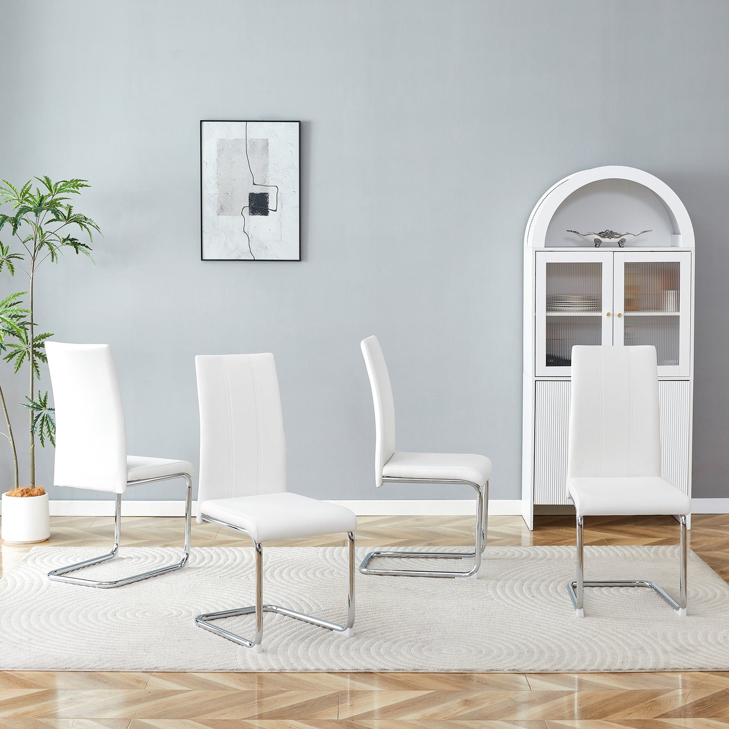 4-Pack White PU Upholstered Dining Chairs - Modern High-Back Side Chairs With Sturdy Chrome-Plated Iron Tube Legs For Dining Room, Kitchen & Living Room
