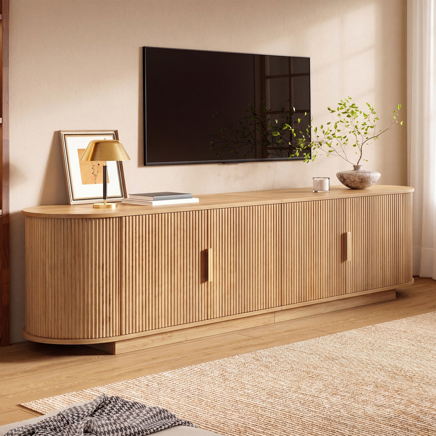 TV Cabinet, Lowboard, Wave Structure, Chipboard MDF Body, Metal Handles, 4 Doors, Spacious Storage Space
