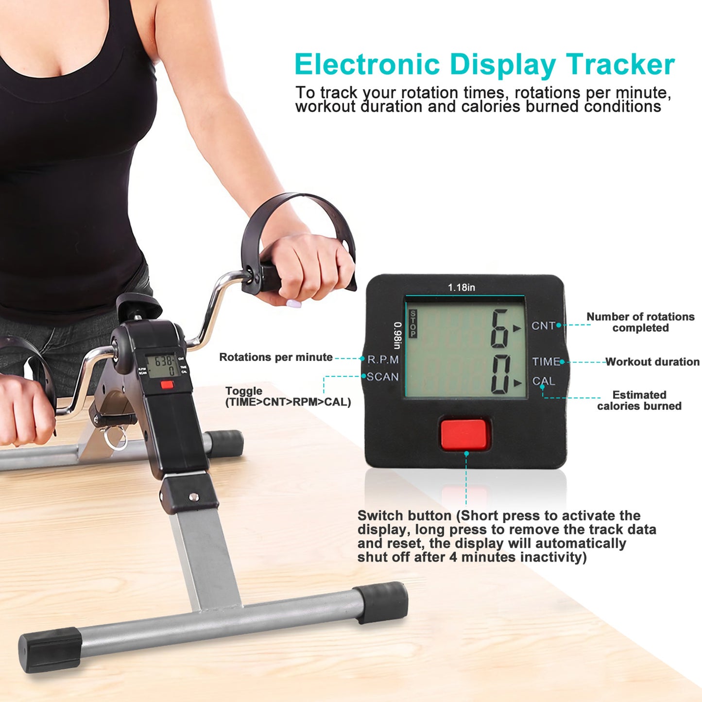 1Pc Foldable Exercise Bike Pedal Fitness Exerciser Cycle Bike  LCD Display Mini Pedal Exerciser For Leg Arm Physical Therapy Home Office Gym