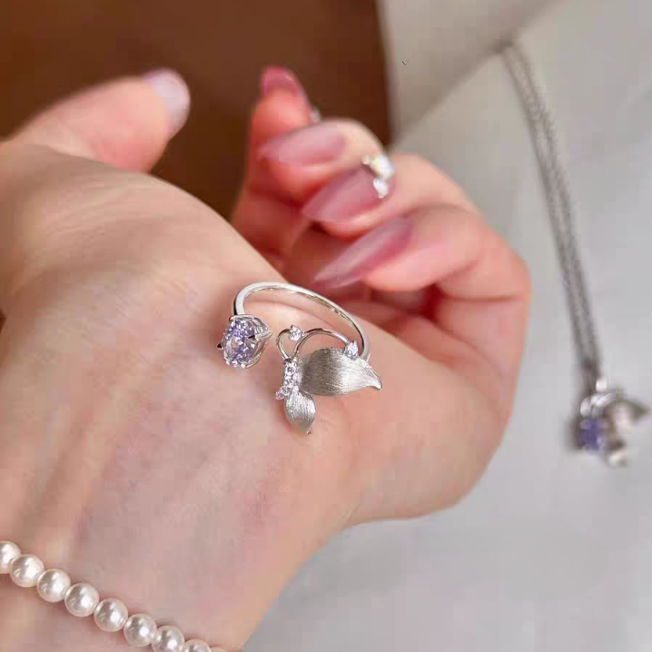 1pc 999 Sterling Silver Butterfly Purple Zircon Open Ring, Sweet & Elegant Style, Perfect For Daily, Dating & Gifting, Ideal Valentine's Gift