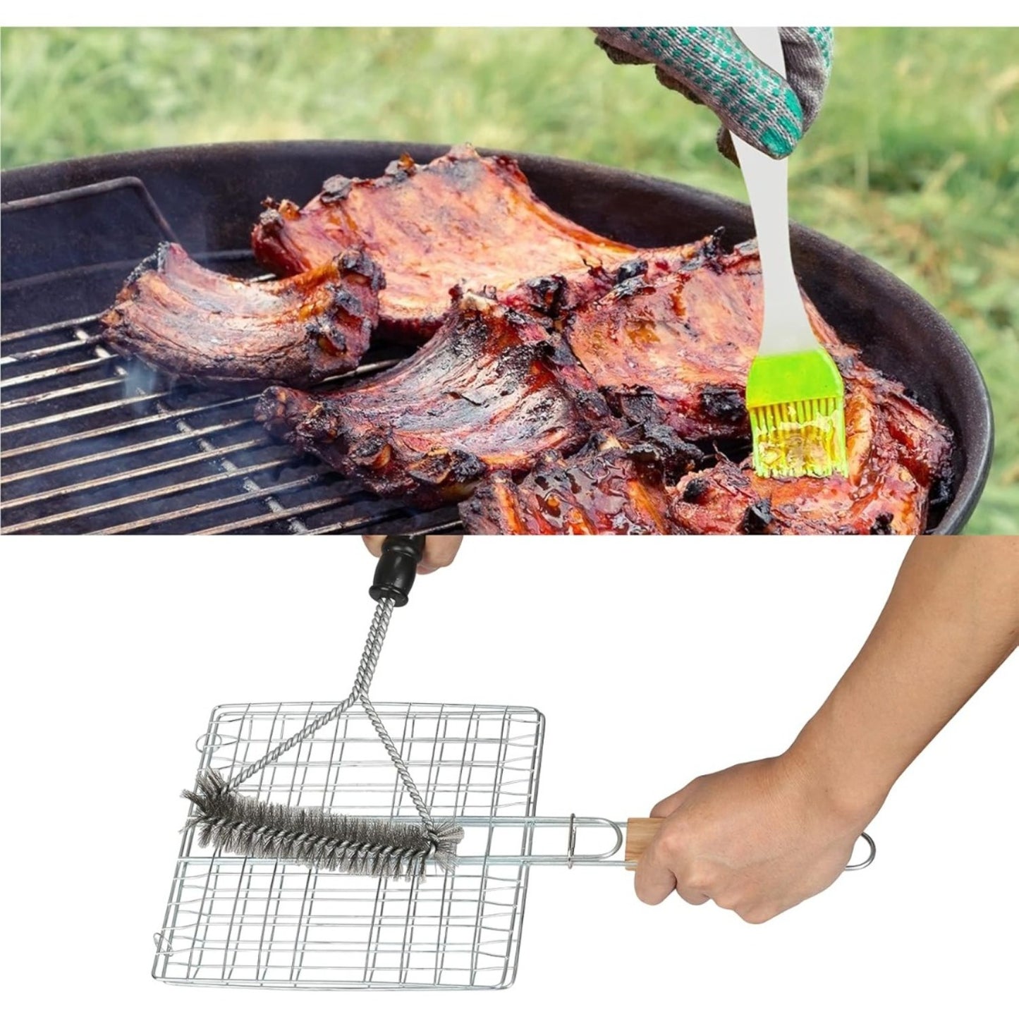 Grill Set – Portable Stainless Steel Grill With 21.5x19 Cm Grill Grid, Green Silicone Brush & Cleaning Brush For Outdoor Activities And Gardening Tools