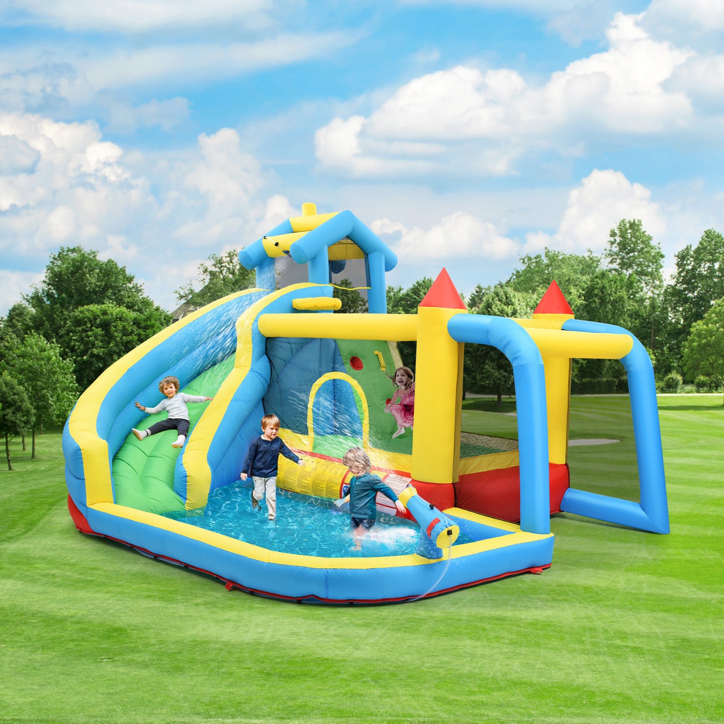 Kids Bouncy Castle, 5 In 1 Inflatable Bouncy Castle For Kids 3-10 Years Old, Outdoor Castle Bouncer With Slide Jumping Area Water Pool Football Net, Inflatable Size 364x315x239cm