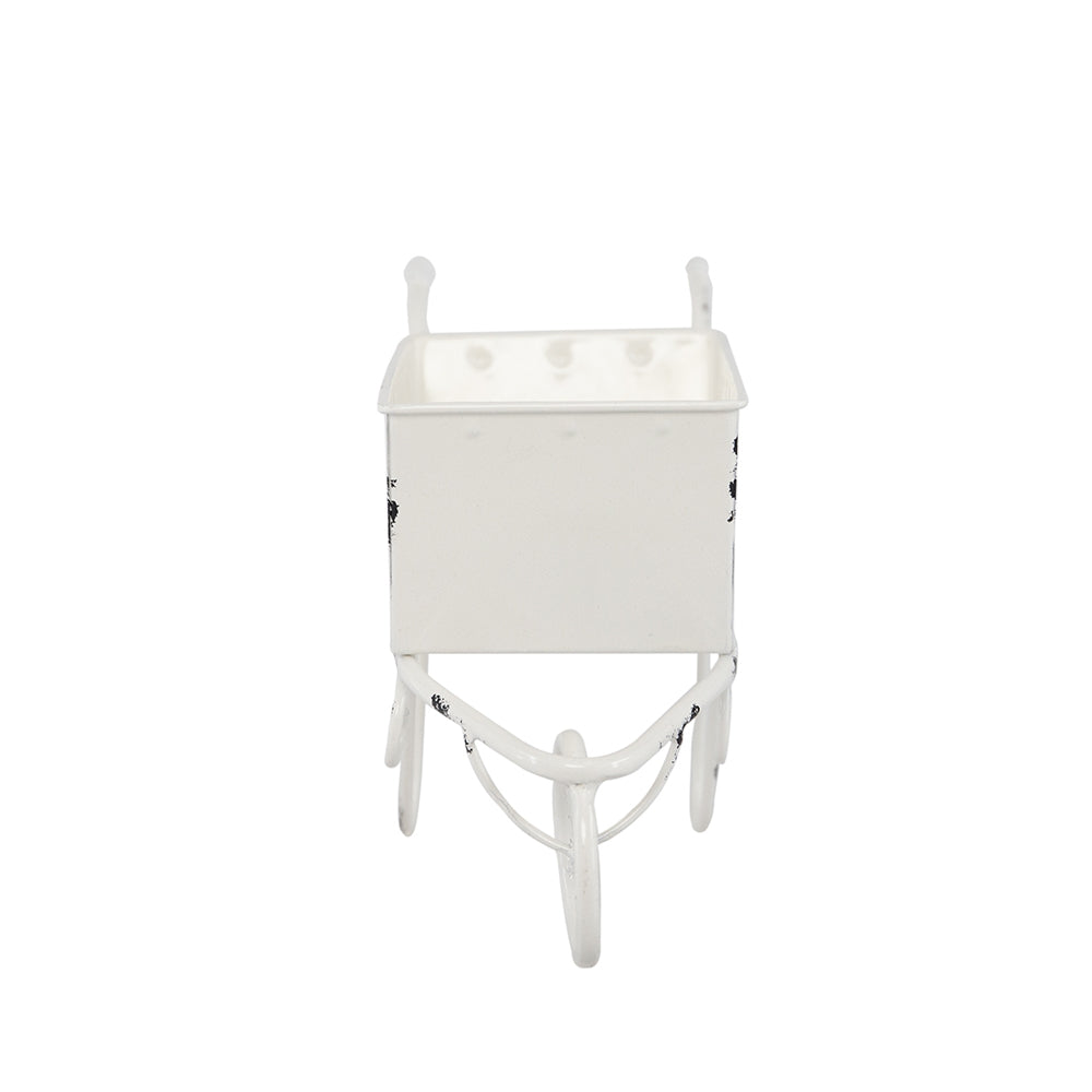 11.5x4x7  White Metal Decorative Disressed Wheelbarrow Planter, Tabletop Decor