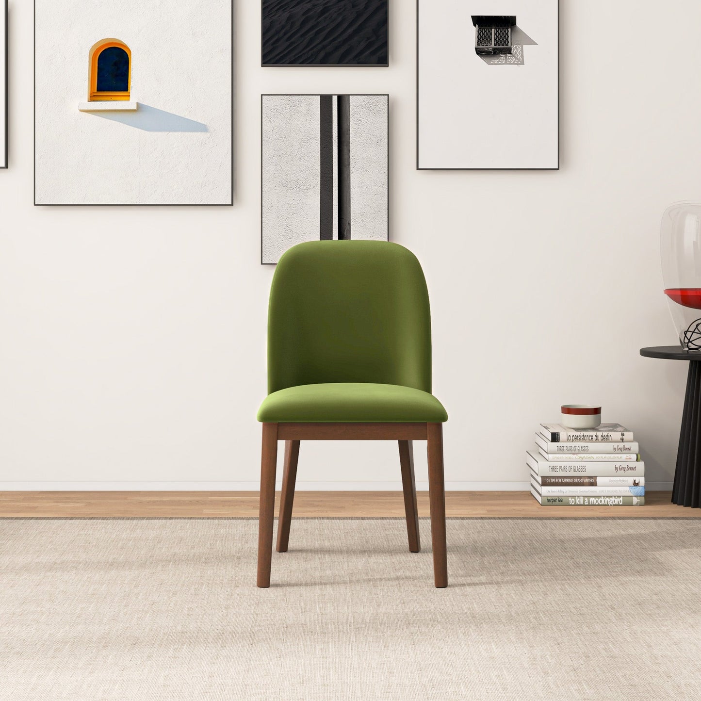 Kaitlyn Mid-Century Modern Green Velvet Dining Chair   Set Of 2   With Solid Wood Legs, 34.3  H X 19.3  W X 23  D Velvet Fabric Upholstered Kitchen Side Chairs