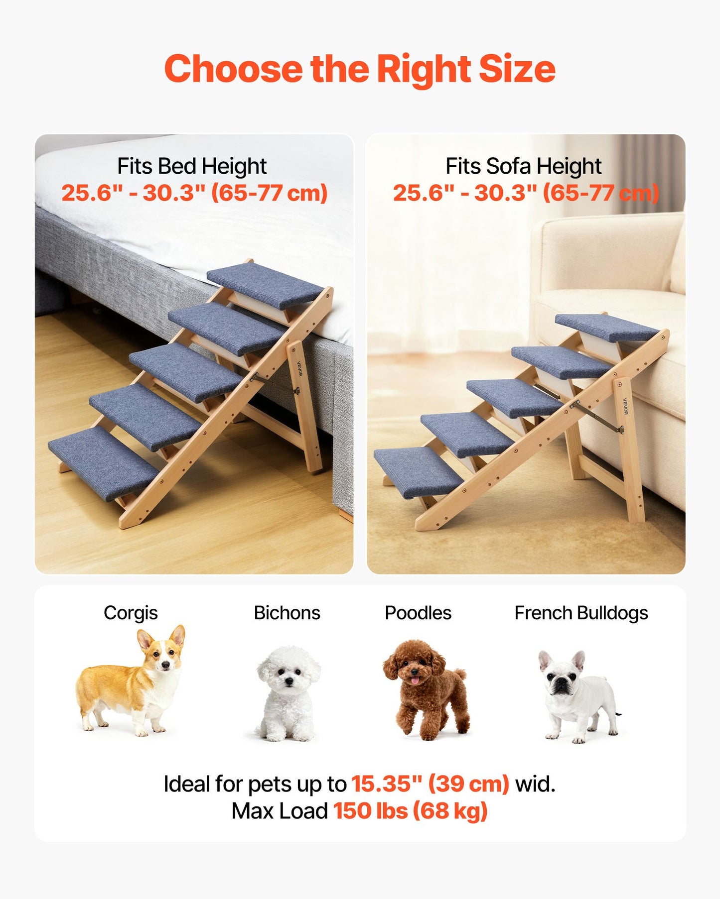 Wood Pet Stairs, 5-Step Dog Stairs For Beds, Sofa & Cars, 150lbs Load Capacity, Floded Flat Design, Stable & Sturdy Cat & Dog Step Ladder For Small Medium Large Older Pet Puppy Essentials