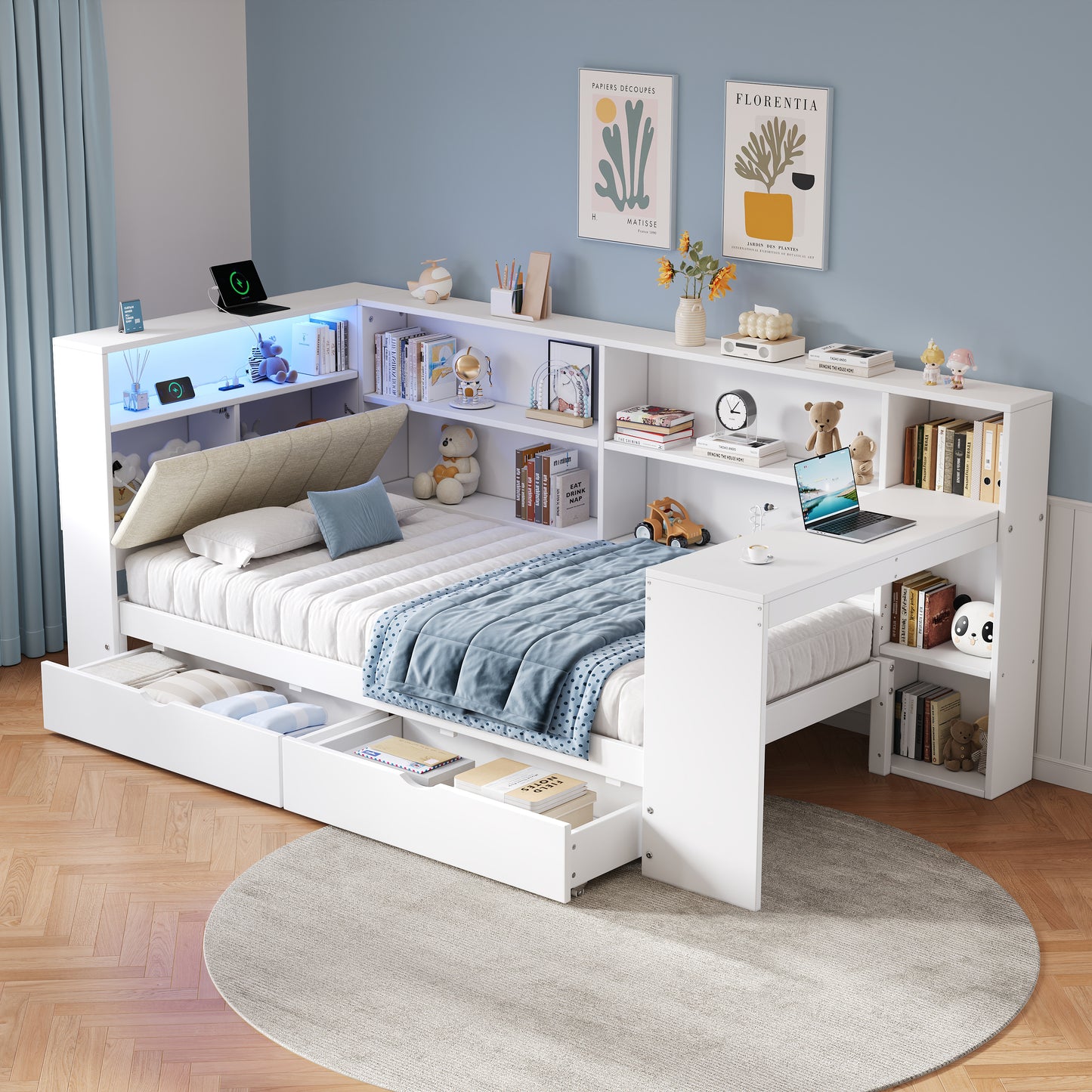 3ft Single L-Shape Daybed With Storage Drawers And Bookcase Storage, LED Linen Concealed Headboard Storage With Charging Station, Wood Bed For Living Room Bedroom Study Room, White  No Mattress