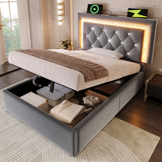Upholstered Bed 90x200 Cm Velvet Single Bed With LED Diamond Band In The Headboard, USB & Type-C Charging Station, Hydraulic Bed Base With Storage Space, Modern Youth Bed With Slatted Frame, Grey