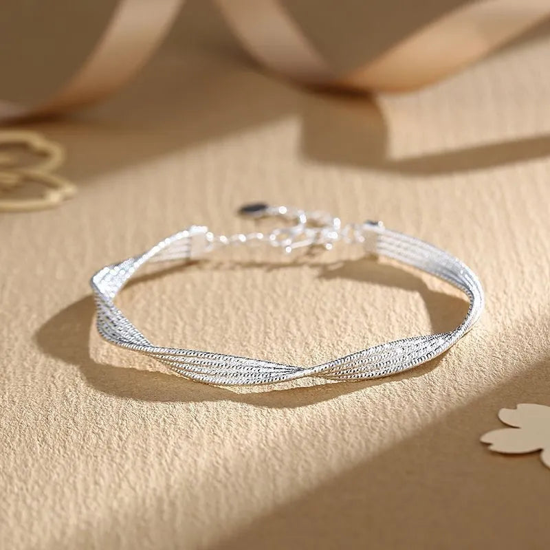 1pc 999.9 Sterling Silver Twisted Mesh Bangle, Luxurious Minimalist Style, Perfect For Daily Wear & Valentine's Gifts
