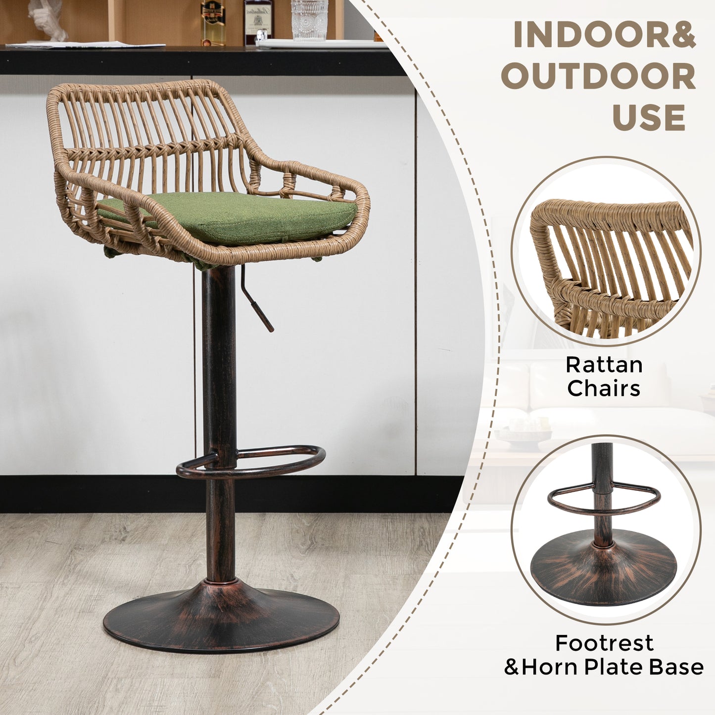 Modern Swivel Bar Stools Set Of 2 Adjustable Counter Height Chairs With Footrest For Kitchen, Dining Room  Green