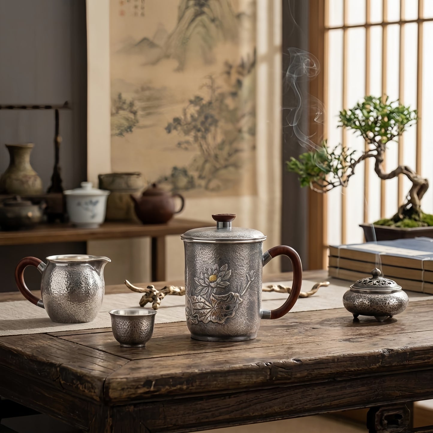 Pure 999 Fine Silver Elegant  Tea Cup with Wooden Handle and Lotus Design-Premium Tea Mug - Handicraft