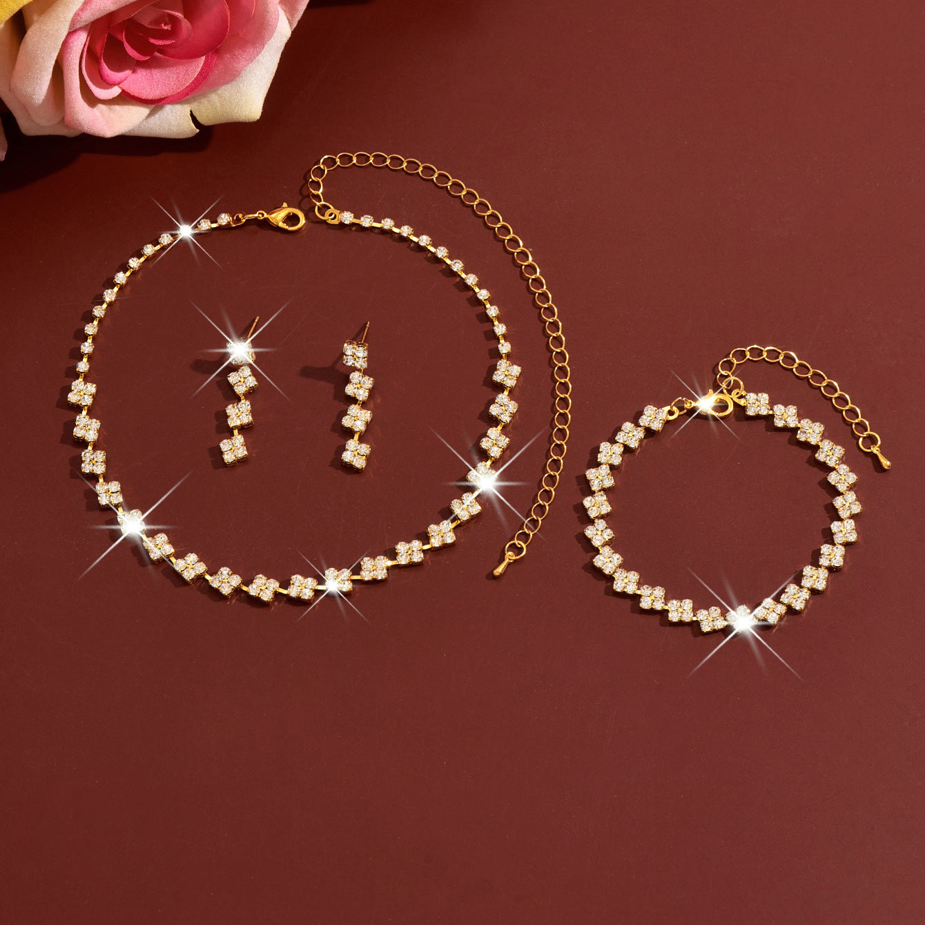 European And American Environmentally Friendly New Sweet Four-Leaf Clover Flower Necklace Earrings Bracelet Set Fashion Bridal Wedding Jewelry