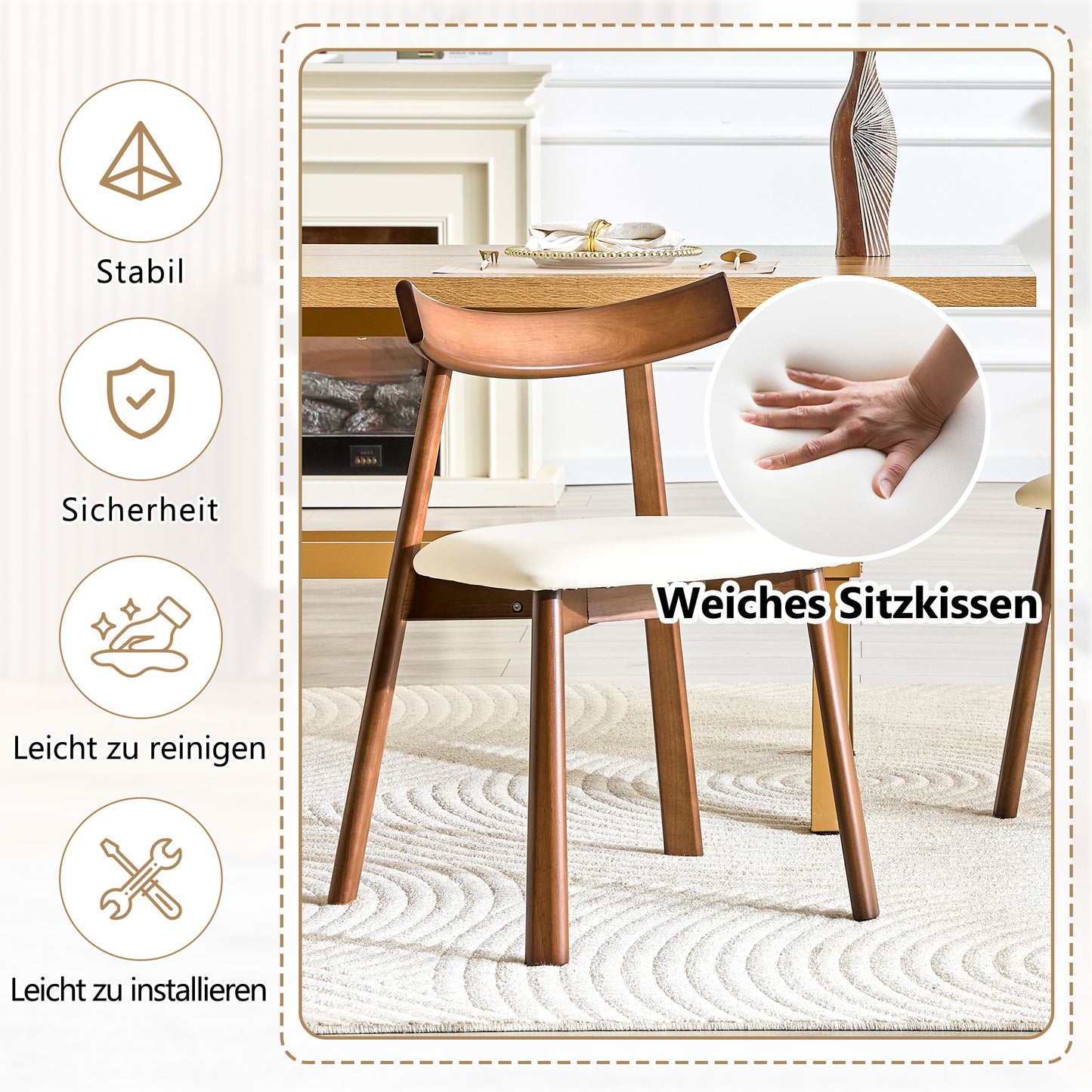 Set Of 2 Dining Chairs With Wooden Frame, Upholstered Kitchen Chairs With Ergonomic Backrest, Modern Wooden Chairs For Dining Room Living Room, Only Chairs Without Table